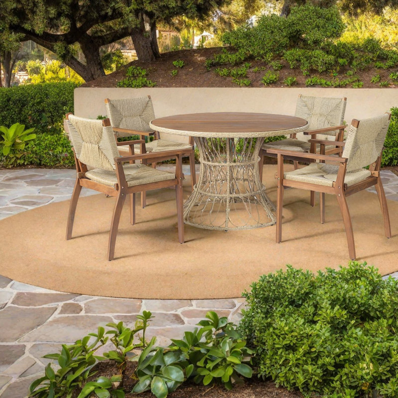 Ensemble de salle à manger de patio en teck peu encombrant, bois et osier, style moderne pour le jardin