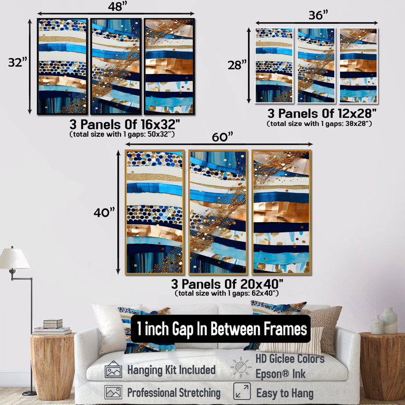 Ensemble de salon art mural Blue Sparkling, Cadre flottant noir, H 32 po x l 48 po x P 1 po