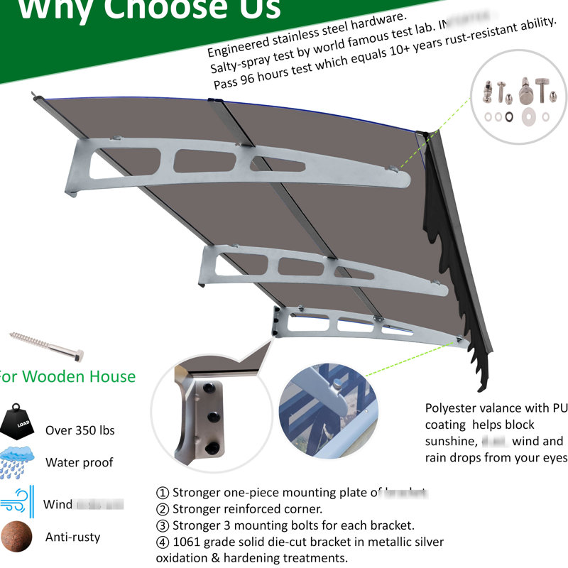 79" X 34" Window Awnings Canopy - Heavy Duty Aluminum Brackets, 0.137" Thick Polycarbonate Roof, Valance, For Outdoor Area Door Entrance, Wooden House Awning With Roof & Strong Bracket Sunshade