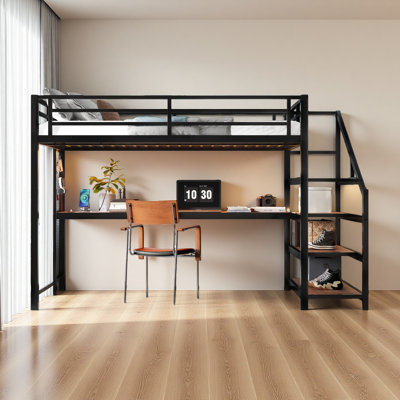 Queen Loft Bed With Desk And Storage Stairs, Metal Loft Beds With LED Lights, USB Ports, Multifunctional Iron Nets, No Spring Box Needed And Noise-Free