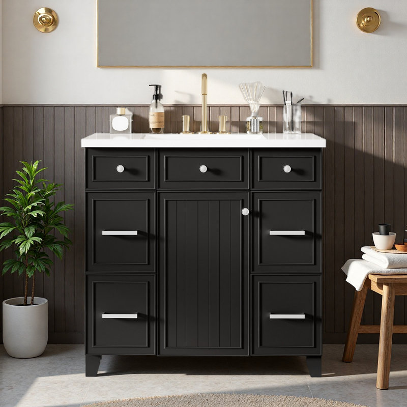 Meuble-lavabo 36 po avec lavabo en céramique, Noir, Argent argent