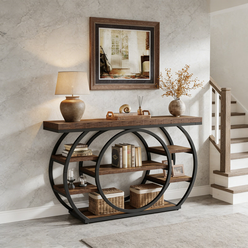 47.24" Industrial Console Table, 5-Tier Sofa Table With Staggered Shelves & Metal Frame For Entryway, Hallway Or Living Room
