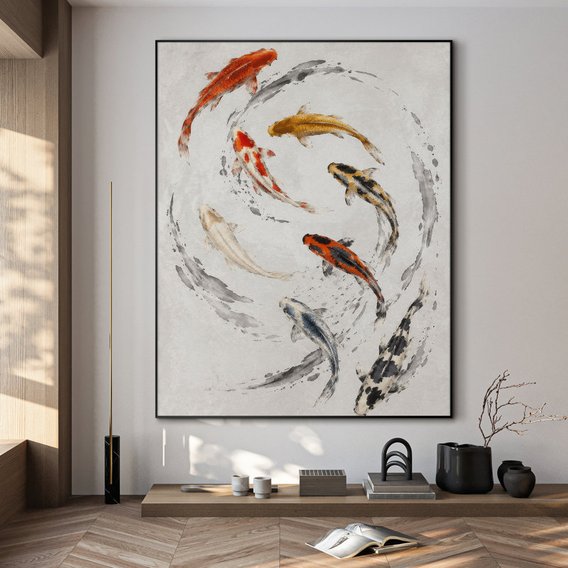 Très grande reproduction d'art sur toile murale - Poisson koi coloré dans un courant d'eau circulaire pour le salon ou la chambre à coucher - «Assemblage requis du cadre (cadre non fini)»