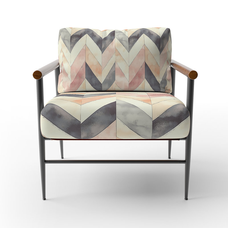 Chaise contemporaine rembourrée Boho - Fauteuil noir et orange à chevrons boho, Bras ronds bruns