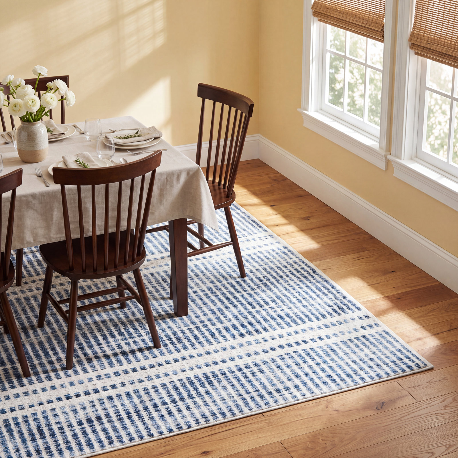 Malta Blue Machine Washable Striped Rug, Rectangle 7'6" x 9'6"