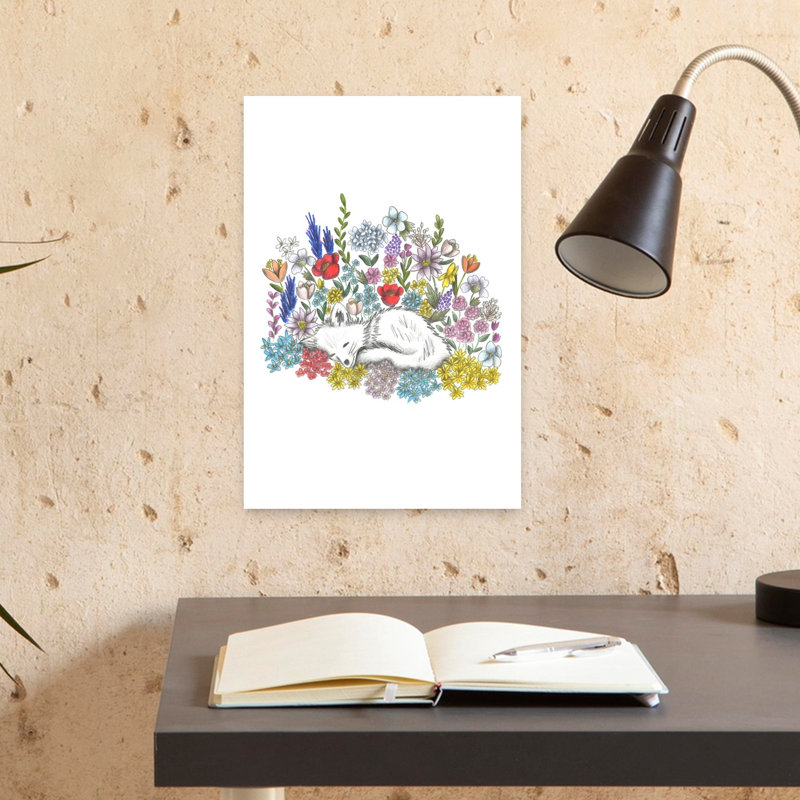 Illustration murale abstraite d'un renard paisible dans une forêt fleurie, 18" H x 12" W