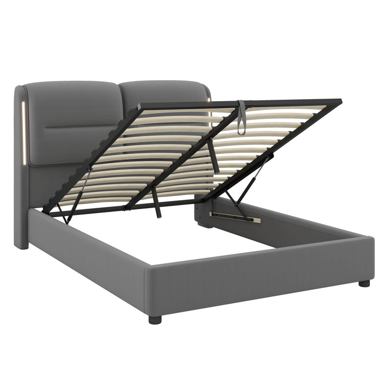 Queen Size Upholstered Hydraulic Platform Bed With Lift Up Storage And Sensor LED Lights, Grey