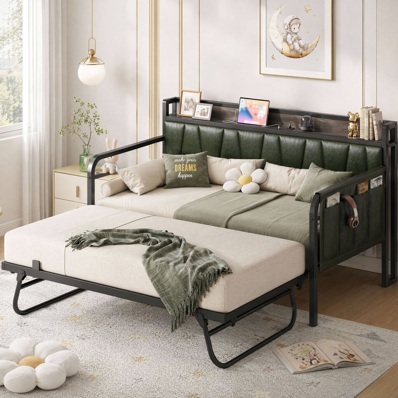 Space-Saving Convertible Daybed, Includes Pull-Out Trundle & Headboard with Storage and USB Outlets, Dark Green, Twin