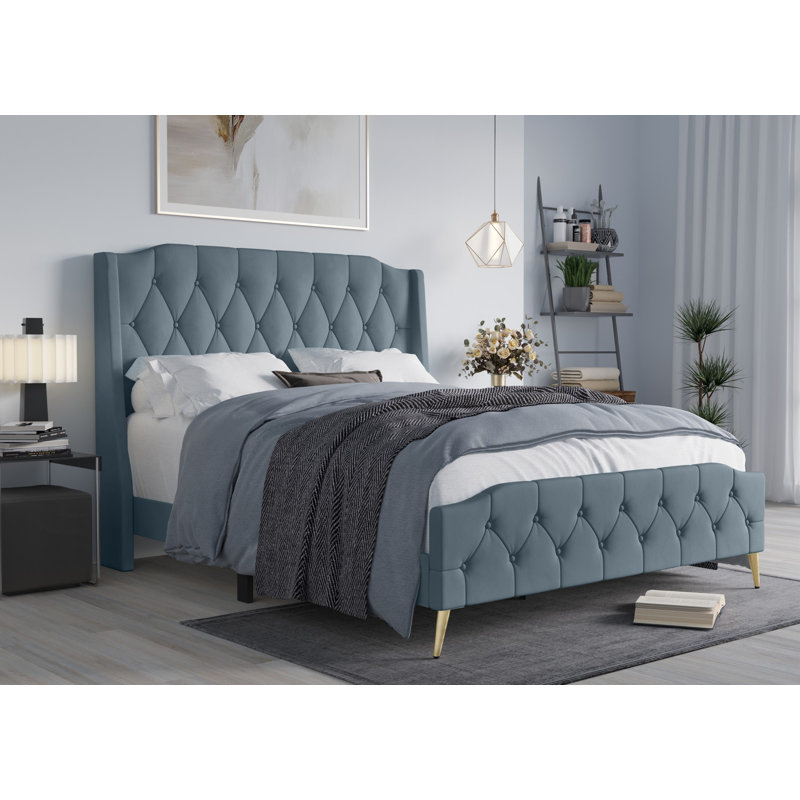 Lit tapissier standard à profil bas Louise, Bleu, Complète