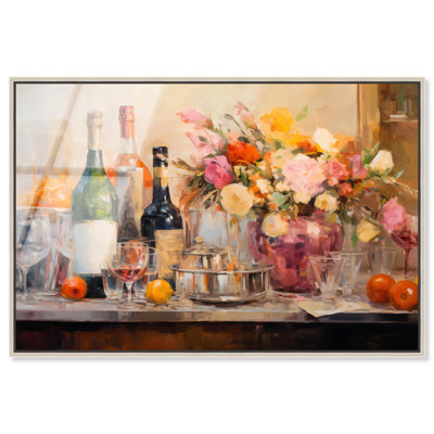 Fleurs et boissons encadrées en verre acrylique lustré par Art Remedy, cadre argenté, 36 x 24