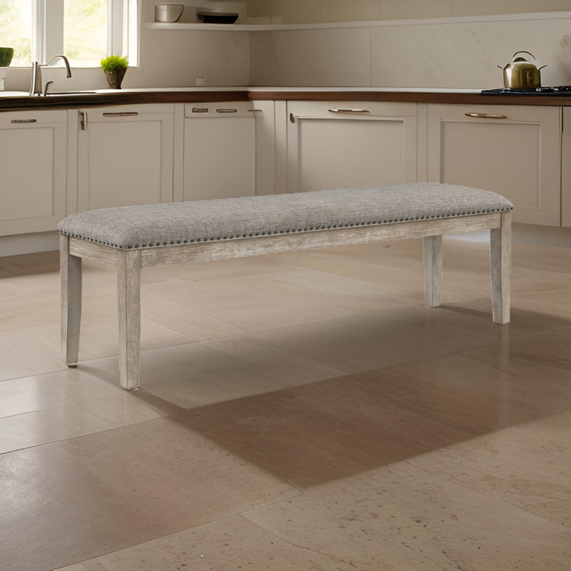 Banc Ruth 64 po, garniture cloutée, revêtement en polyester, bois massif gris
