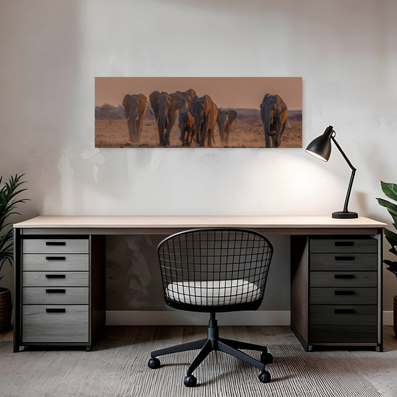 «Elephants Golden Hour Peaceful Tranquil Contemporary Elephant Landscape Nature», art mural, H 12 po x l 36 po