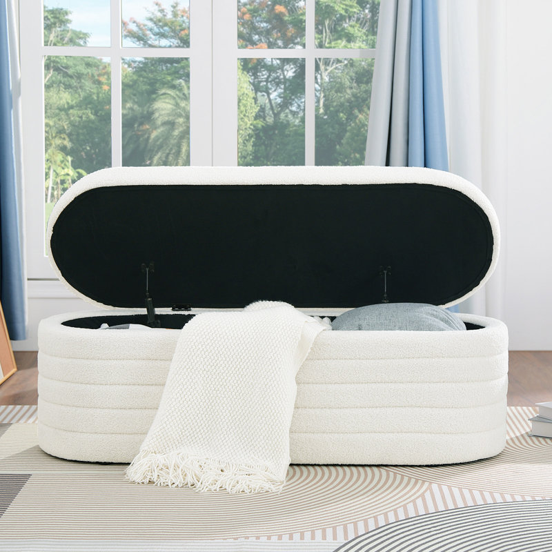 Matt Upholstered 45.5" Teddy Fabric Fluffy Faux Fur Flip Top Storage Bench, White