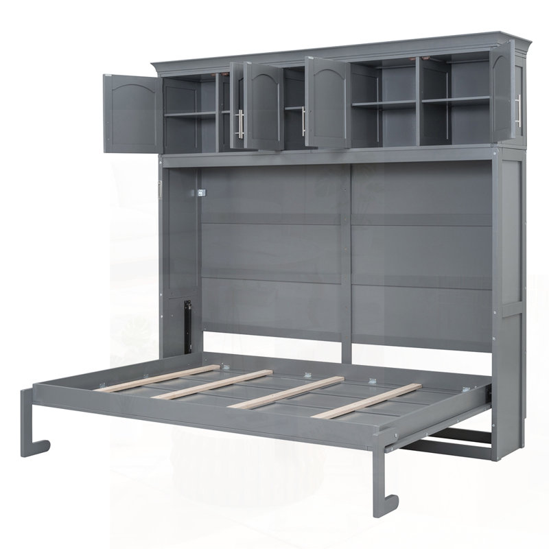 Grand lit escamotable mural avec armoires supérieures pour des solutions de maison élégantes et peu encombrantes, gris