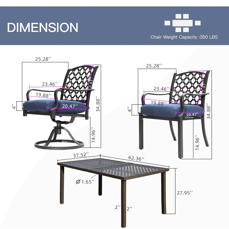 Ensemble de 7 chaises de patio, fabrication en métal, coussins bleu marine, étable pour jardin de jardin