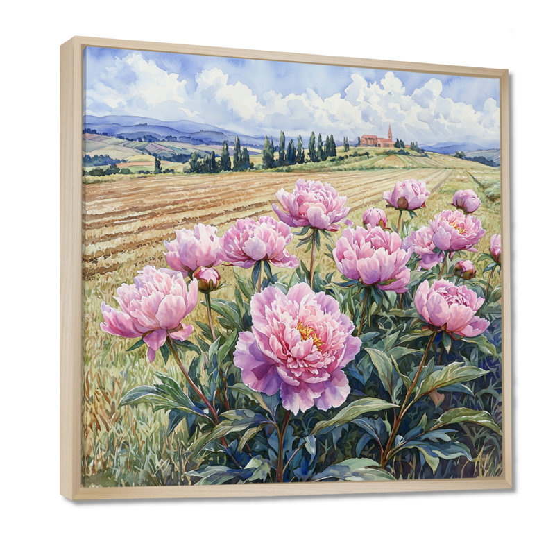 Pivoines par le champ de cultures I - pivoines, art mural, H 30 po x l 30 po, Impression encadrée flottante, Crème, crème