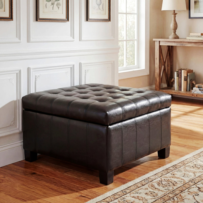 Repose-pieds avec rangement et pieds en bois d'hévéa, repose-pieds carré capitonné avec rangement relevable, Noir