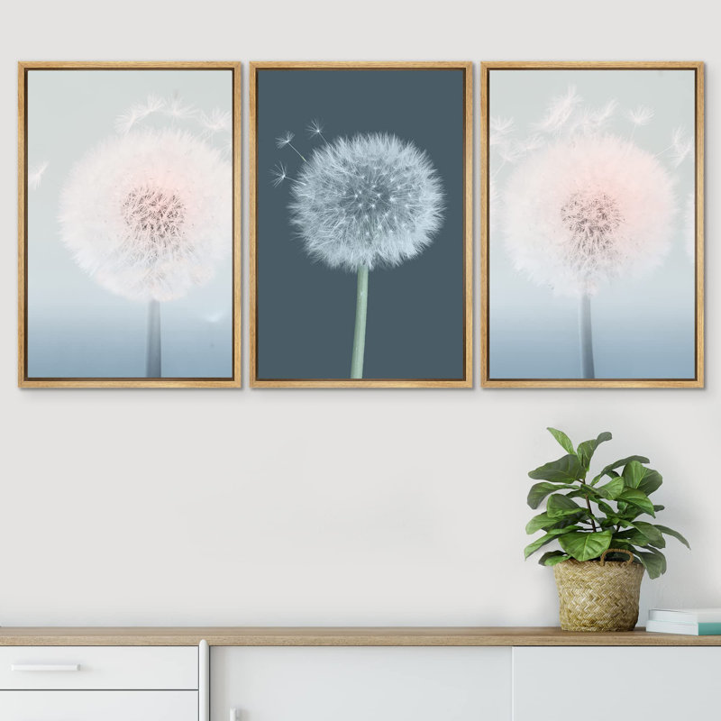 Dandelion " Retro Pastel Dandelion Flowers In Wind Coastal Nautical Photography Modern Art Seascape Relax " 3 - Pieces