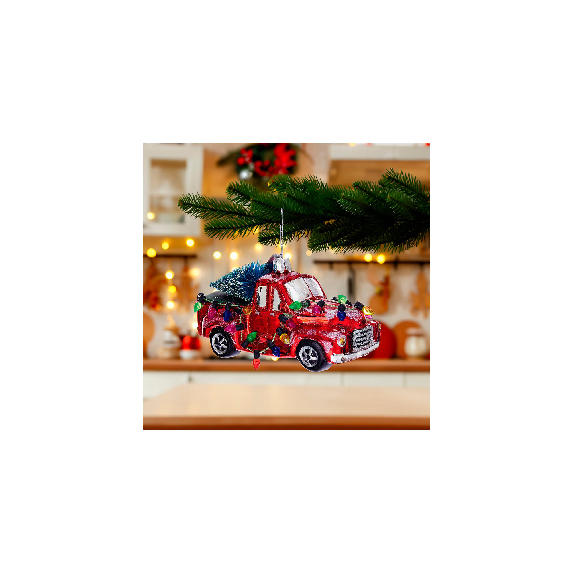 Kurt Adler Noble Gems Glass Ornament for Christmas Tree, Truck with Tree