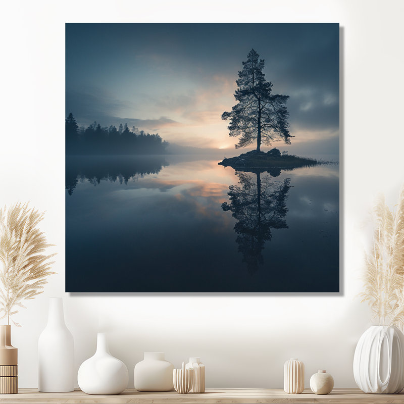 Bleu matin, brouillard au-dessus de Forest Lake - lac, art mural, Toile tendue, H 16 po x l 16 po