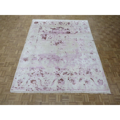 Tapis unique en laine noué à la main mauve / ivoire 7 pi 11 po x 10 pi Mahmood