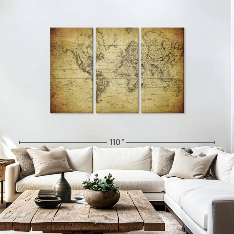 Carte du monde Aliaz sépia, H 48 po x l 74 po