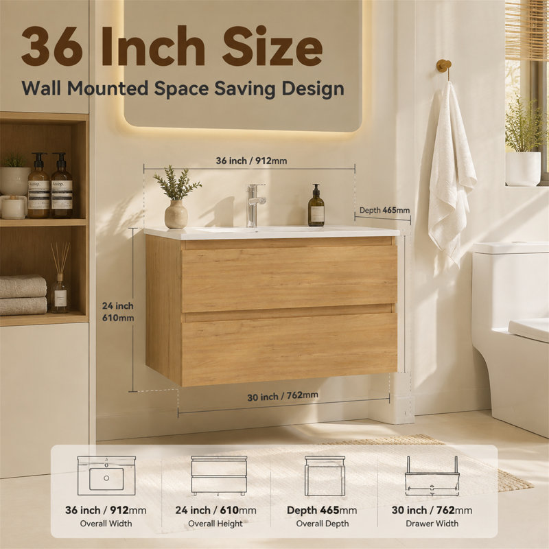 Meuble-lavabo mural suspendu de 36 pouces, Chêne