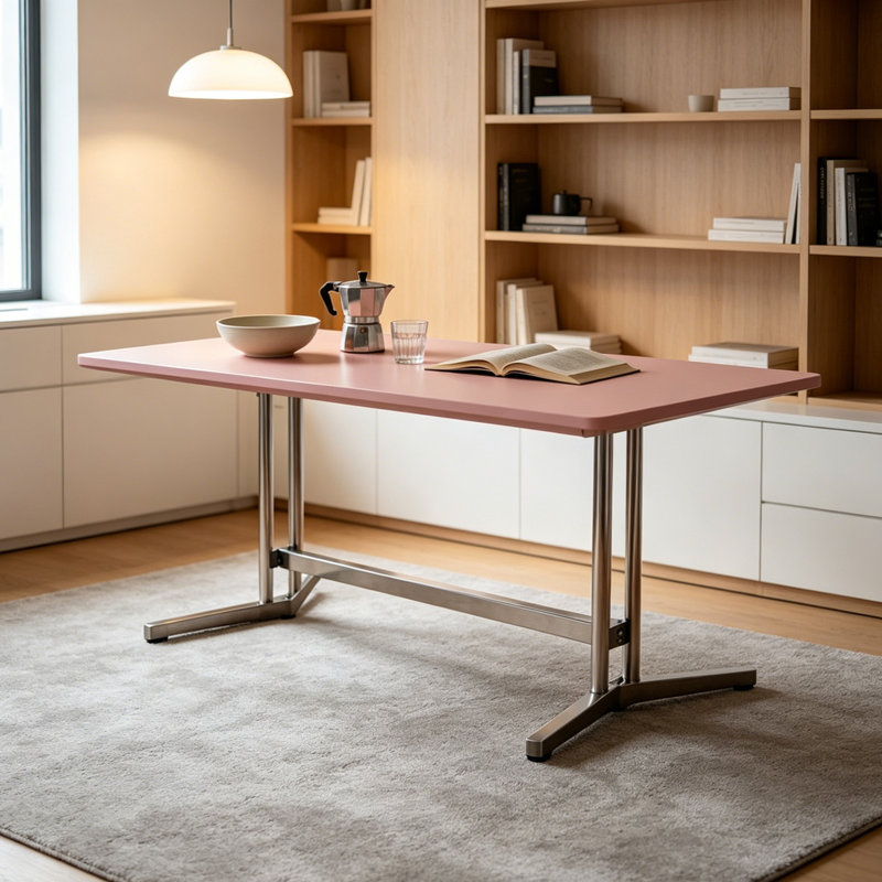 Bureau en bois massif rose en acier inoxydable, 29.52" H x 78.74" W x 31.49" D