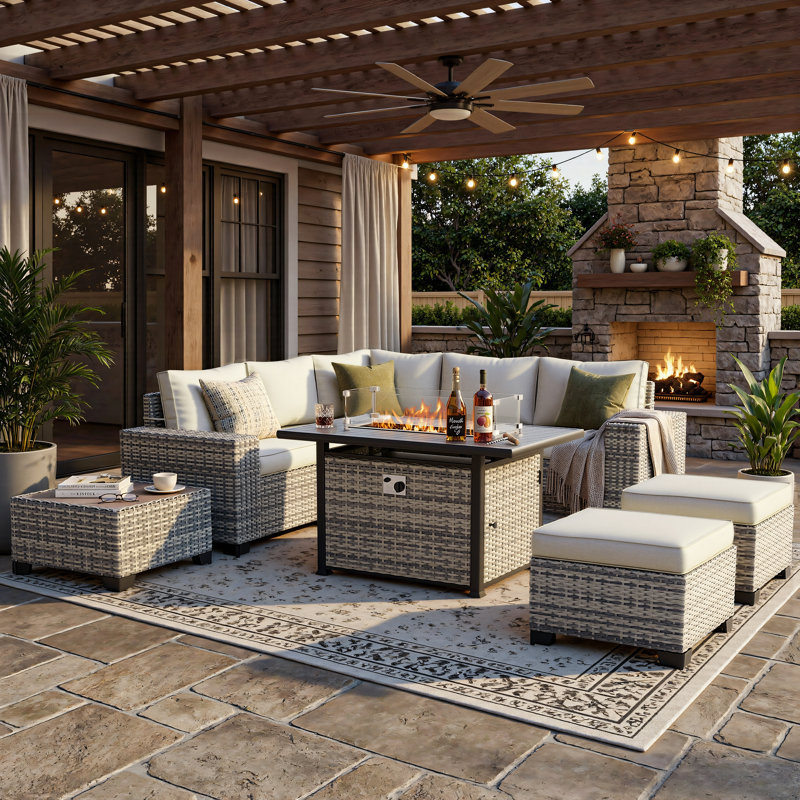9-Piece Outdoor Modular Patio Conversation Set With Fire Pit Table, Sectional Sofa & Ottomans, Beige