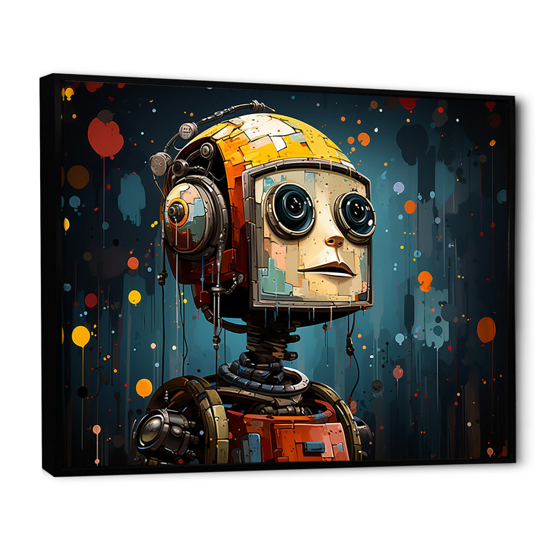 Popart Robot Fusion II - Art mural Pop Art, Cadre flottant noir, H 30 po x l 40 po x P 1,5 po