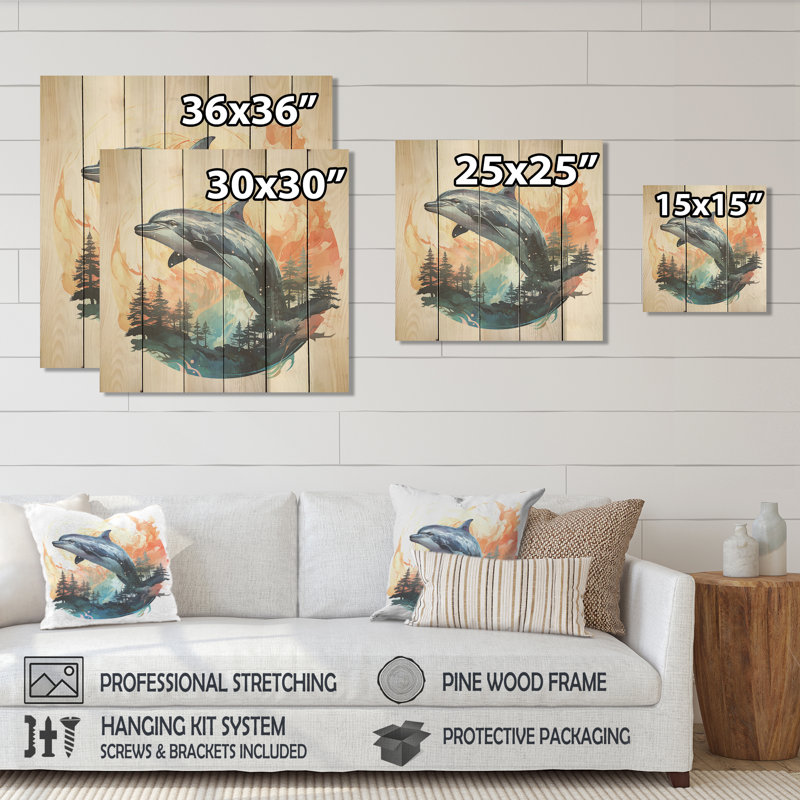 Forest Frolic Gradient Dolphin - Animals Dolphin On Wood Print, 15" H x 15" W