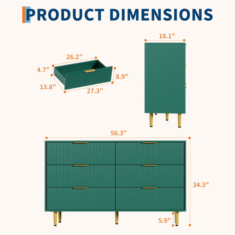 Commode à 6 tiroirs cannelés, commode en bois de 56 po de largeur avec poignées dorées, rangement pour le couloir et l'entrée