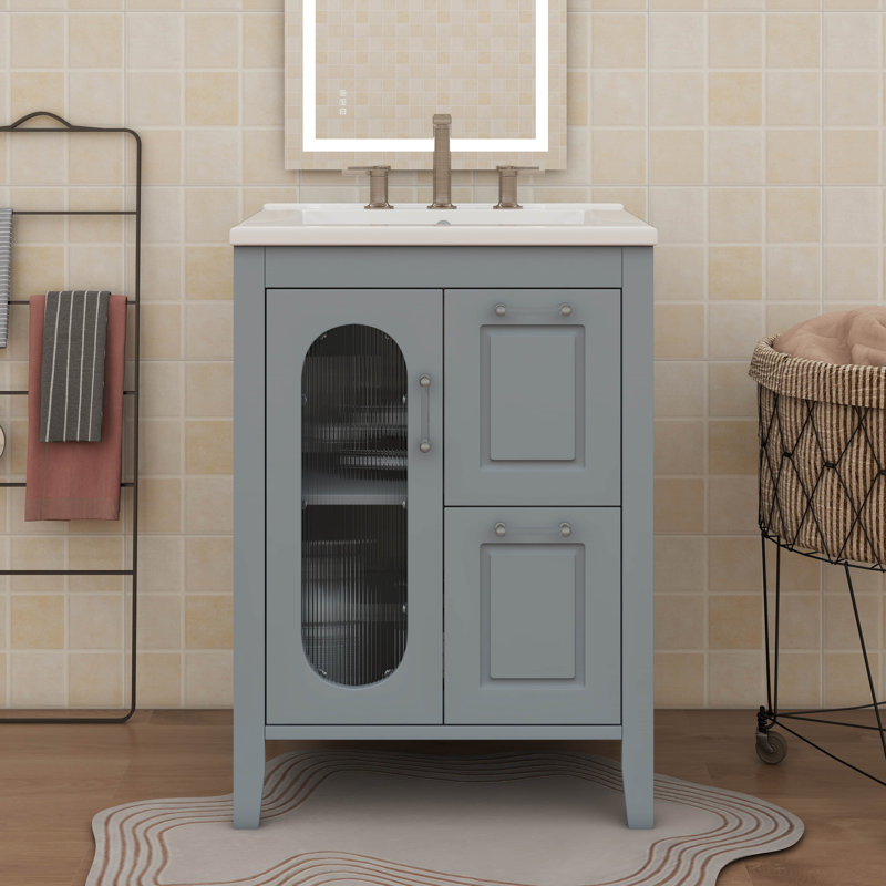 Meuble-lavabo 24 po avec deux tiroirs, une porte et une tablette réglable, Gris