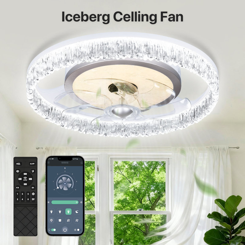 Glacier Crystal Ceiling Fan Light Remote & App, 3CT 6-Speed Reversible DC Motor, Bedroom/Living Room