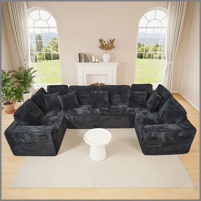 Canapé modulaire en forme de U de 135,5 pouces, méridienne 6 places avec design réversible, tissu en velours côtelé noir - canapé de salon ou de chambre à coucher, configuration librement configurable
