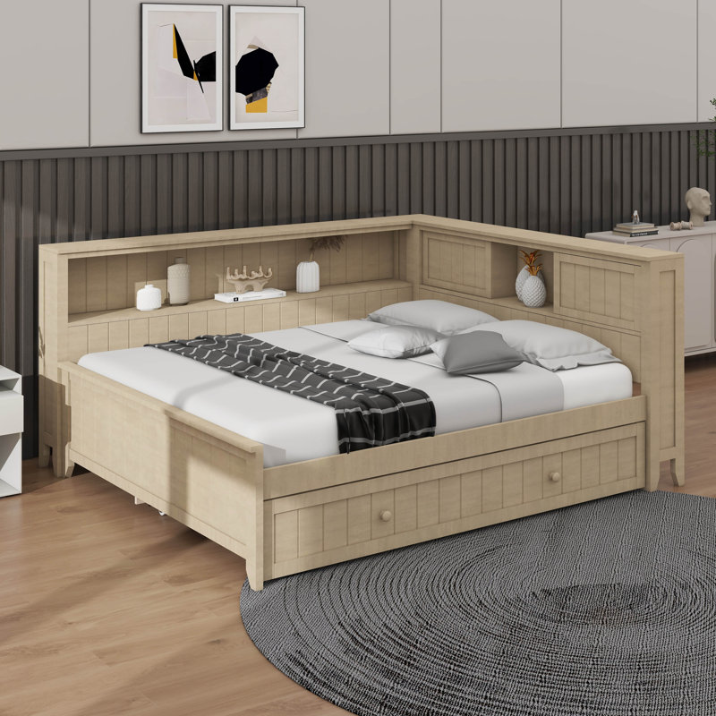 Lit de jour double en bois avec tablettes de rangement et lit gigogne escamotable