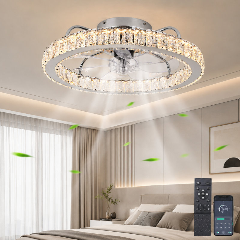 50cm Dimmable Crystal Ceiling Fan with LED Light and Remote Control and APP, Chrome