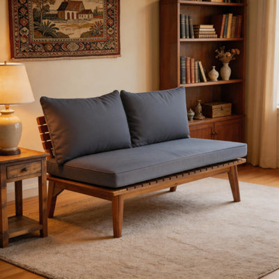 Causeuse 1 pièce Mid-Century, l 48,75 po x P 26,75 po x H 26,75 po, structure en bois d'acacia au fini teck avec coussin 100% polyester gris, canapé de patio fabriqué à la main pour jardin