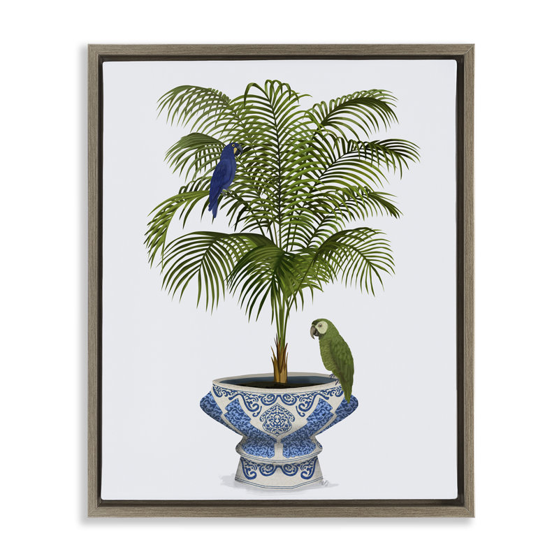 "Parrots on Ornate Planter", art mural sur toile flottante par Fab Funky, H 31 po x l 25 po, Cadre flottant orme Montalcino