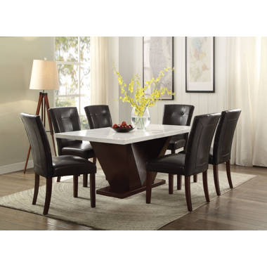 Hanover Capri 7-Piece Dining Set with Linen Side Chairs, Natural Marble  Table Top and Wood Trestle Base