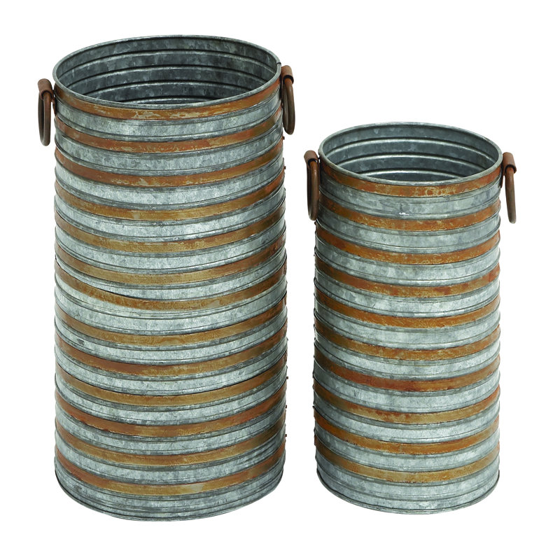 Cowie Distressed Iron Bucket Planters with Side Handles (Set of 2)