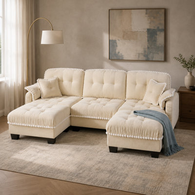 Canapé modulaire en U en chenille 3 places Casselman avec 2 repose-pieds mobiles, capitonnage matelassé, garniture pompon et 4 coussins