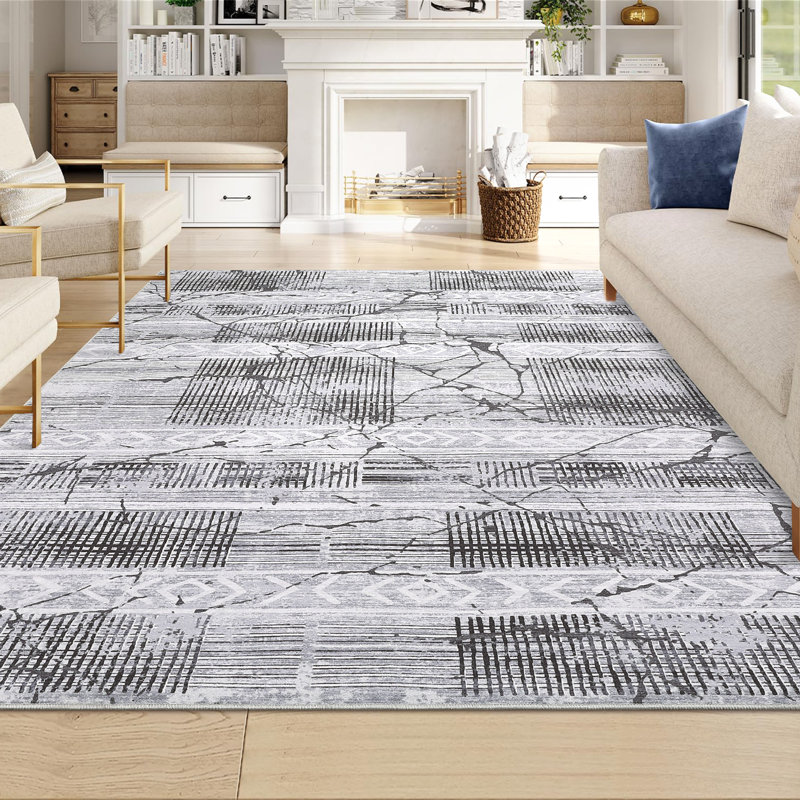 Boho Machine Washable Rug with Rubber Backing for Living Room Modern Non-Slip Dining Room Rug Non-Shedding Faux Wool Rugs for Bedroom Floor Carpet for Office Nursery Playroom
