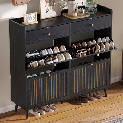 Armoire à chaussures pour le hall d'entrée avec 4 tiroirs rabattables, organisateur de chaussures étroit avec panneau cannelé, armoire à chaussures autoportante en bois avec 2 tiroirs pour le vestibule, couloir, vestibule, noir
