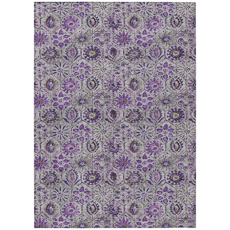 3' X 5' Purple And Gray Floral Washable Indoor Outdoor Area Rug