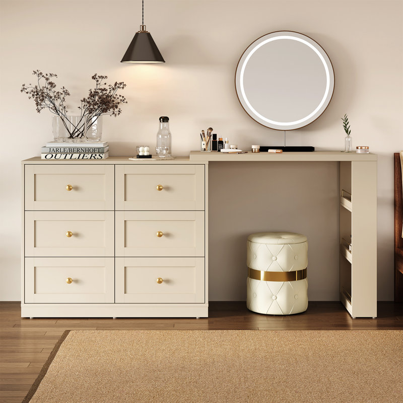 Extendable Makeup Vanity Desk With 6 Drawers, Beige