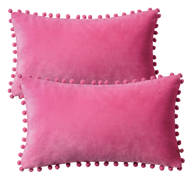 Silky Velvet Series Pom-poms Decorative Throw Pillow, Pink, Pillow Cover & Insert, Rectangle 12"H x20"W