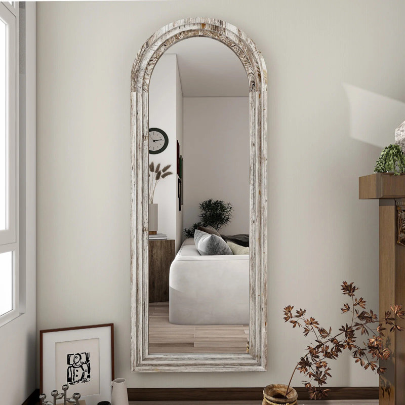 Miroir de plancher rectangulaire en bois arqué, Blanc, 65 po x 22 po