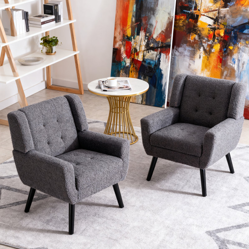 Tufted Upholstered Wide Back Armchair（Set of 2）, Dark Gray Boucle