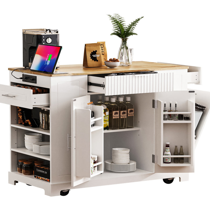  Îlot de cuisine cannelé avec armoire à poubelle, prise de courant, support de rangement, chariot roulant avec supports latéraux ouverts, bleu gris